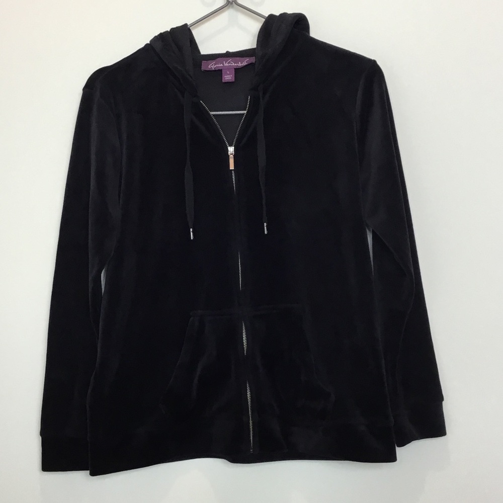 Gloria Vanderbilt Black Velour Zip Hoodie Large